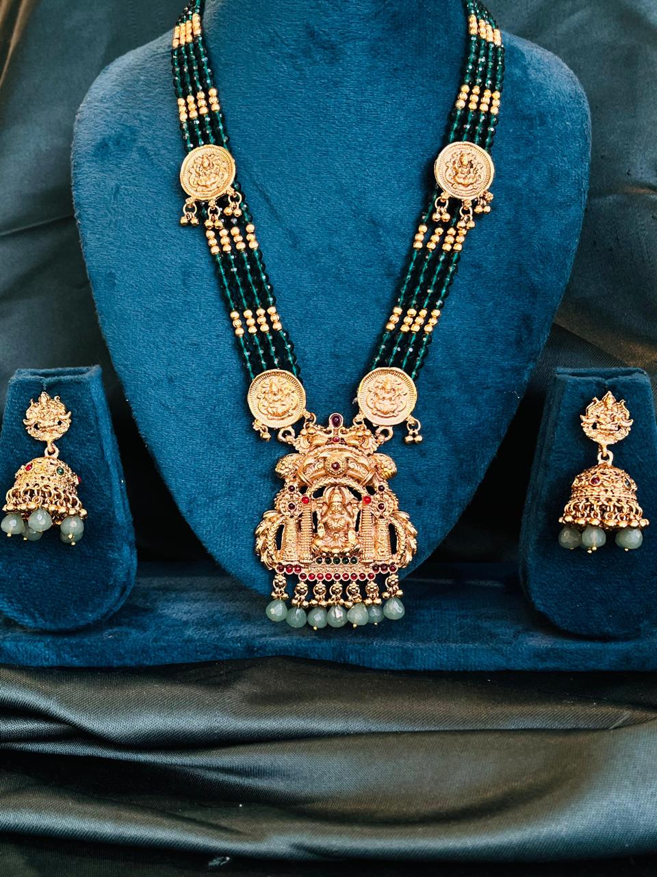 Divine Lakshmi Temple Necklace Set with Green Beads & Antique Gold Finish