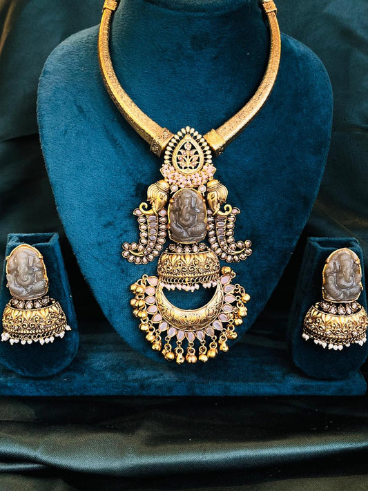 Royal Ganesha Necklace Set with Crescent Chandbali Pendant and Jhumkas